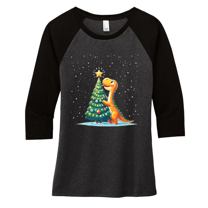 Cute Dinosaur With Christmas Tree And Star Cartoon Funny Women's Tri-Blend 3/4-Sleeve Raglan Shirt