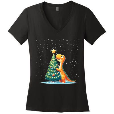 Cute Dinosaur With Christmas Tree And Star Cartoon Funny Women's V-Neck T-Shirt