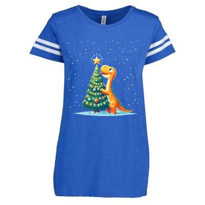 Cute Dinosaur With Christmas Tree And Star Cartoon Funny Enza Ladies Jersey Football T-Shirt