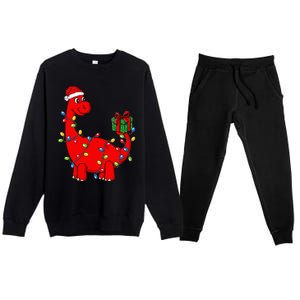 Christmas Dinosaur With Lights Funny Xmas Premium Crewneck Sweatsuit Set