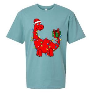 Christmas Dinosaur With Lights Funny Xmas Sueded Cloud Jersey T-Shirt