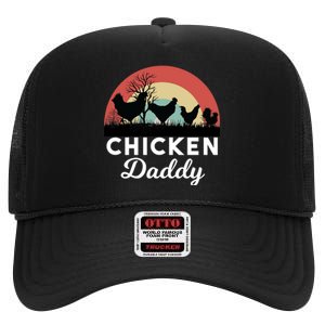 Chicken Daddy With Retro Sunset, Funny Chicken Lover, Farmer High Crown Mesh Back Trucker Hat