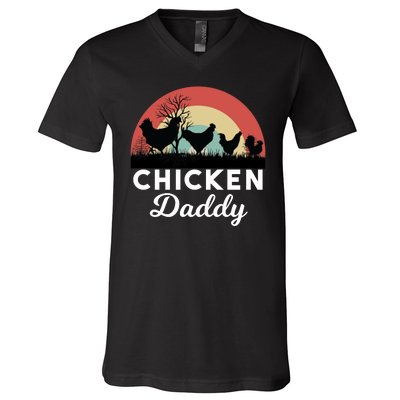 Chicken Daddy With Retro Sunset, Funny Chicken Lover, Farmer V-Neck T-Shirt