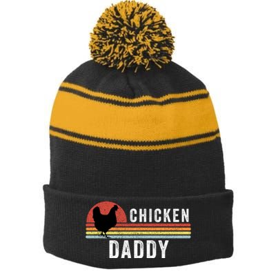 Chicken Daddy With Retro Sunset, Farmer, Funny Chicken Lover Stripe Pom Pom Beanie