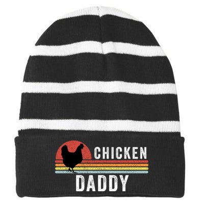 Chicken Daddy With Retro Sunset, Farmer, Funny Chicken Lover Striped Beanie with Solid Band