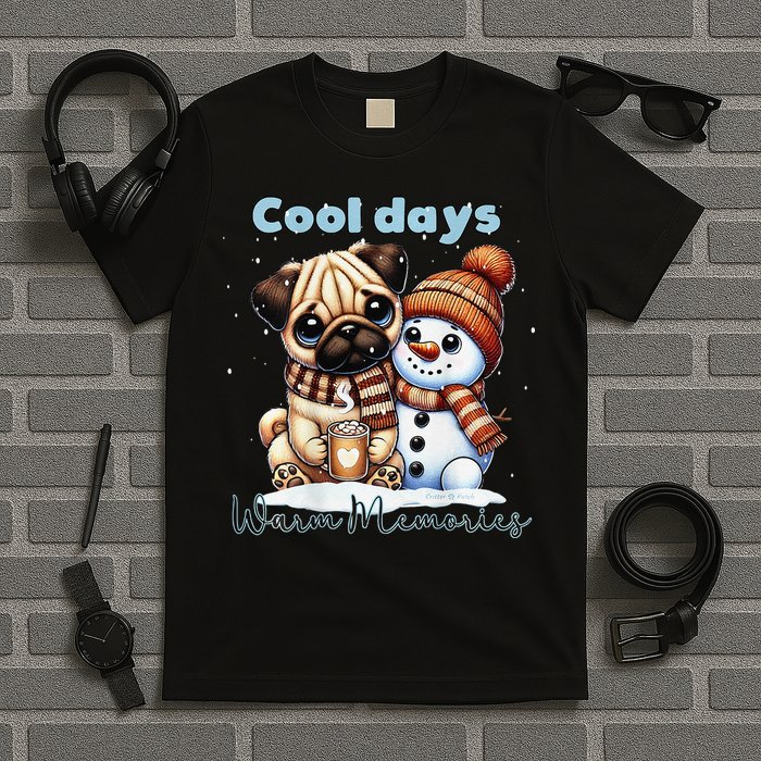 Cool Days Warm Memories Pug And Snowman Friend Share Cocoa T-Shirt