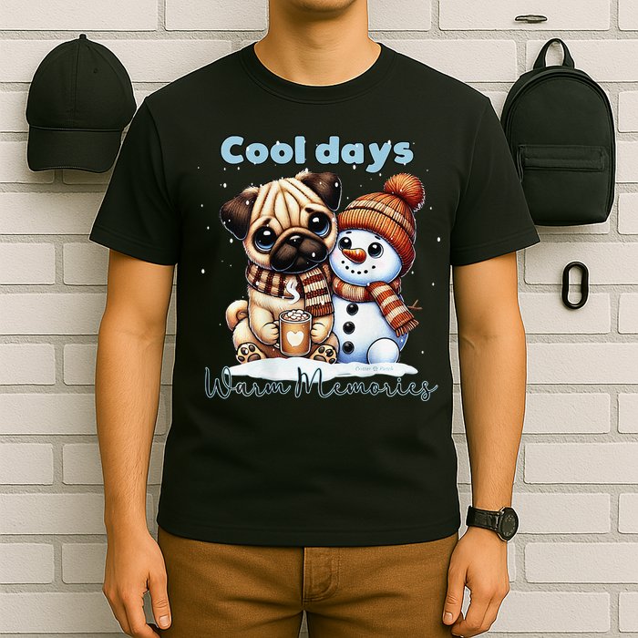 Cool Days Warm Memories Pug And Snowman Friend Share Cocoa T-Shirt