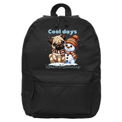 Cool Days Warm Memories Pug And Snowman Friend Share Cocoa 16 in Basic Backpack