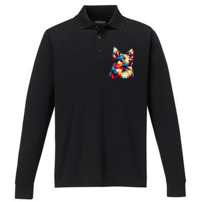 Colorful Dog With Vibrant Shades In Poligonal Art Style Performance Long Sleeve Polo