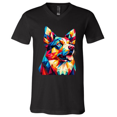 Colorful Dog With Vibrant Shades In Poligonal Art Style V-Neck T-Shirt