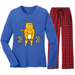 Cat Deadlift Weightlifting Cat Gift Women's Long Sleeve Flannel Pajama Set 