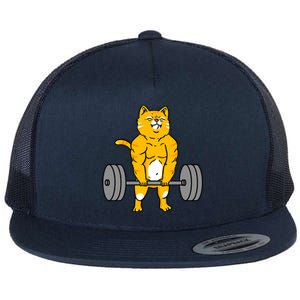 Cat Deadlift Weightlifting Cat Gift Flat Bill Trucker Hat