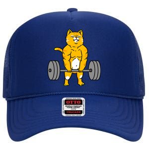 Cat Deadlift Weightlifting Cat Gift High Crown Mesh Back Trucker Hat