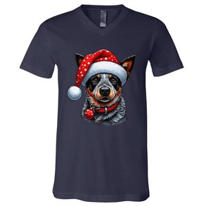 Cattle Dog With Santa Hat V-Neck T-Shirt