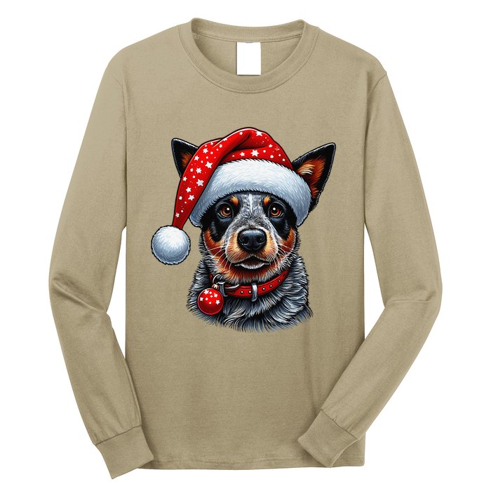 Cattle Dog With Santa Hat Long Sleeve Shirt