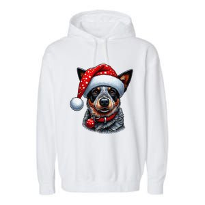 Cattle Dog With Santa Hat Garment-Dyed Fleece Hoodie