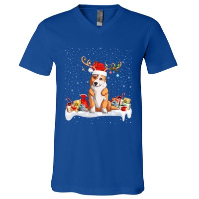 Corgi Dog Xmas Lights Reindeer Santa Corgi Christmas Gift V-Neck T-Shirt