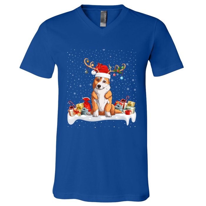 Corgi Dog Xmas Lights Reindeer Santa Corgi Christmas Gift V-Neck T-Shirt