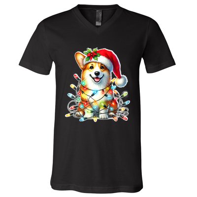 Corgi Dog X Christmas Lights Raglan Baseball V-Neck T-Shirt