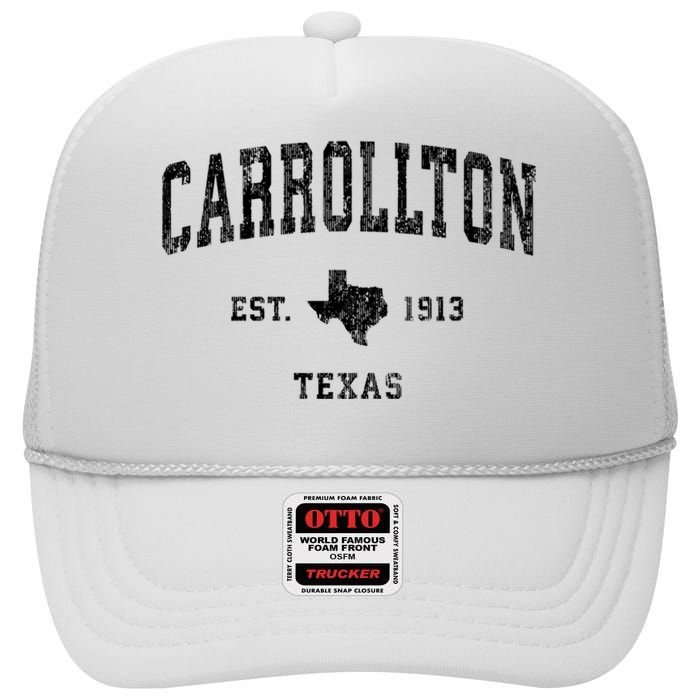 Carrollton Est 1913 Texas Tx Vintage Athletic Sports Design High Crown Mesh Back Trucker Hat