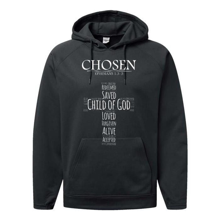 Chosen Ephesians 135 With Cross Word Collage Performance Fleece Hoodie