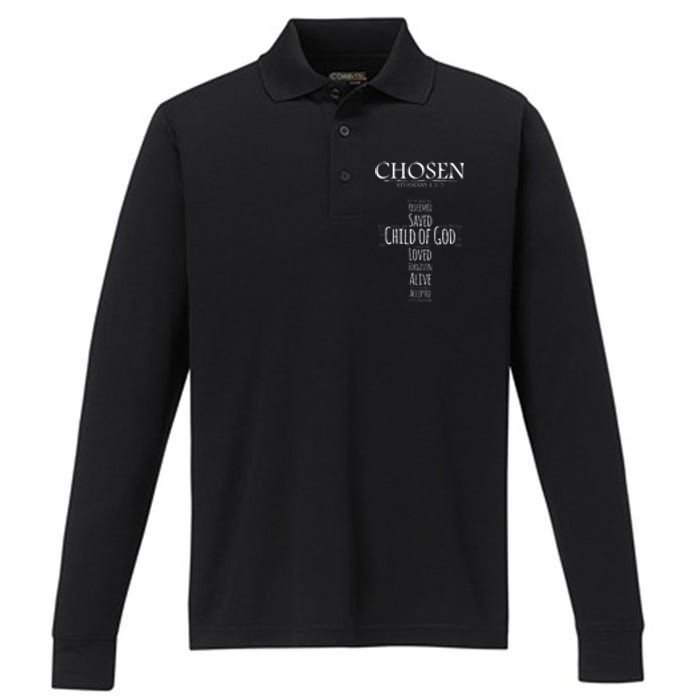 Chosen Ephesians 135 With Cross Word Collage Performance Long Sleeve Polo