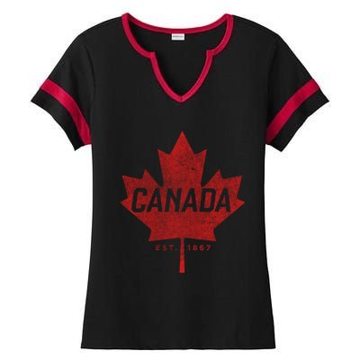 Canada Est 1867 Vintage Faded Canada Maple Leaf Funny Gift Ladies Halftime Notch Neck Tee