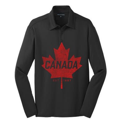 Canada Est 1867 Vintage Faded Canada Maple Leaf Funny Gift Silk Touch Performance Long Sleeve Polo