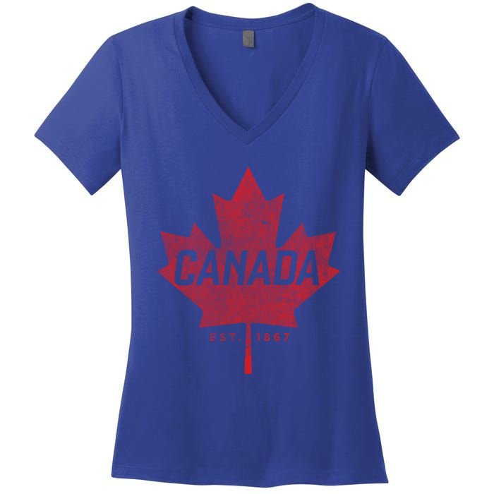 Canada Est 1867 Vintage Faded Canada Maple Leaf Funny Gift Women's V-Neck T-Shirt