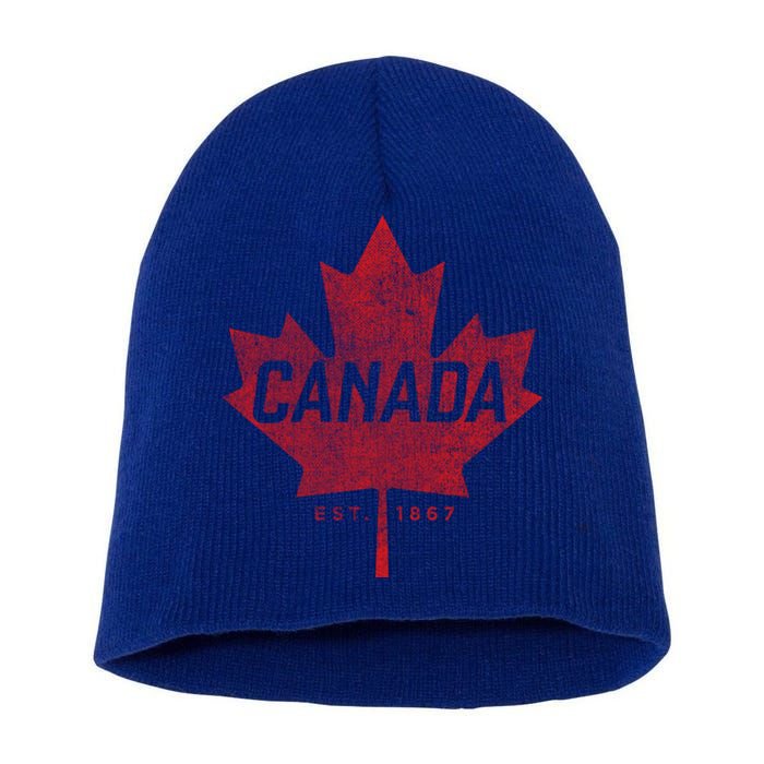 Canada Est 1867 Vintage Faded Canada Maple Leaf Funny Gift Short Acrylic Beanie