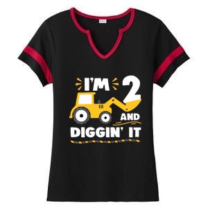 Construction Excavator 2 Years Old 2nd Birthday Ladies Halftime Notch Neck Tee