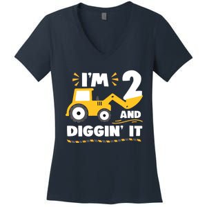 Construction Excavator 2 Years Old 2nd Birthday Women's V-Neck T-Shirt