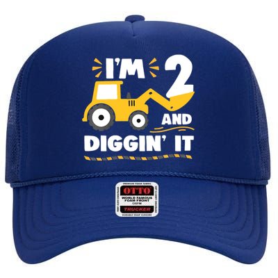 Construction Excavator 2 Years Old 2nd Birthday High Crown Mesh Back Trucker Hat