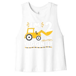 Construction Excavator 2 Years Old 2nd Birthday Women's Racerback Cropped Tank