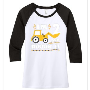 Construction Excavator 2 Years Old 2nd Birthday Women's Tri-Blend 3/4-Sleeve Raglan Shirt