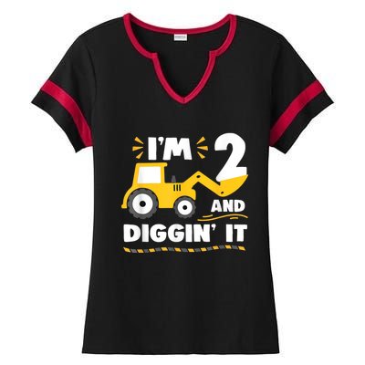 Construction Excavator 2 Years Old 2nd Birthday Boy Gift Ladies Halftime Notch Neck Tee