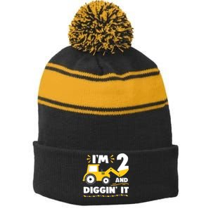 Construction Excavator 2 Years Old 2nd Birthday Boy Gift Stripe Pom Pom Beanie