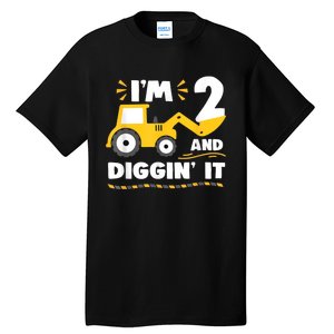 Construction Excavator 2 Years Old 2nd Birthday Boy Gift Tall T-Shirt