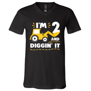 Construction Excavator 2 Years Old 2nd Birthday Boy Gift V-Neck T-Shirt