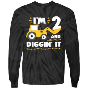 Construction Excavator 2 Years Old 2nd Birthday Boy Gift Tie-Dye Long Sleeve Shirt