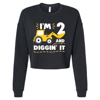 Construction Excavator 2 Years Old 2nd Birthday Boy Gift Cropped Pullover Crew