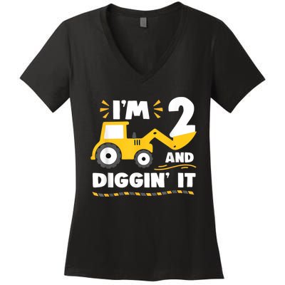 Construction Excavator 2 Years Old 2nd Birthday Boy Gift Women's V-Neck T-Shirt