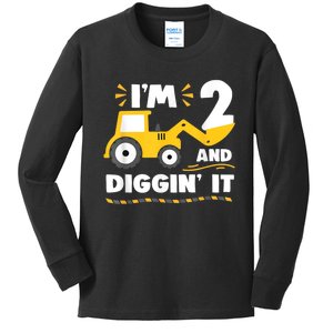 Construction Excavator 2 Years Old 2nd Birthday Boy Gift Kids Long Sleeve Shirt