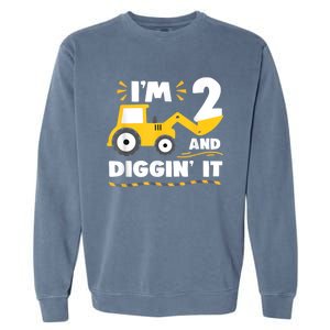 Construction Excavator 2 Years Old 2nd Birthday Boy Gift Garment-Dyed Sweatshirt