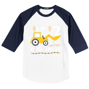 Construction Excavator 2 Years Old 2nd Birthday Boy Gift Baseball Sleeve Shirt