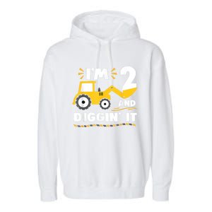 Construction Excavator 2 Years Old 2nd Birthday Boy Gift Garment-Dyed Fleece Hoodie