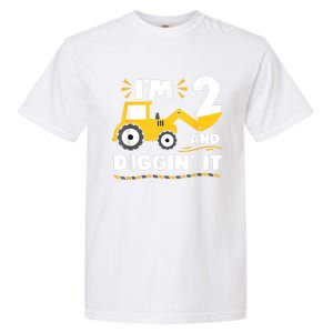 Construction Excavator 2 Years Old 2nd Birthday Boy Gift Garment-Dyed Heavyweight T-Shirt