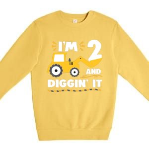 Construction Excavator 2 Years Old 2nd Birthday Premium Crewneck Sweatshirt