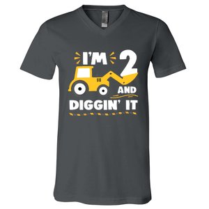 Construction Excavator 2 Years Old 2nd Birthday V-Neck T-Shirt