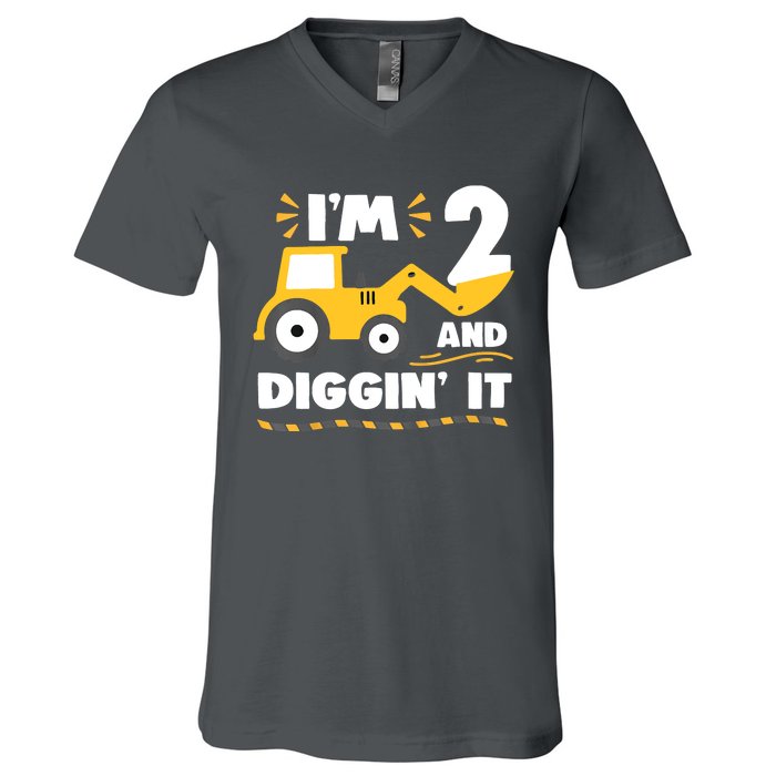 Construction Excavator 2 Years Old 2nd Birthday V-Neck T-Shirt